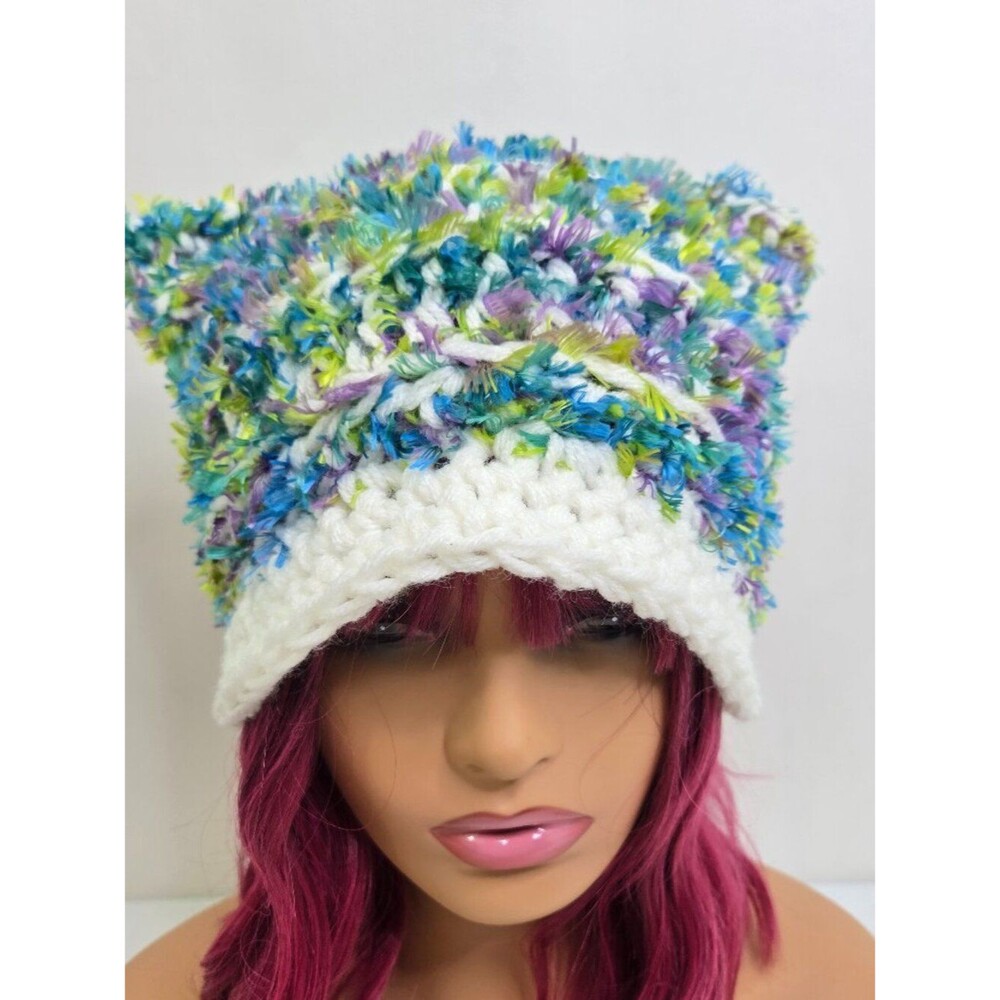 Handmade Crochet Cat Ear Beanie, Blue Green Purple Furry Hat